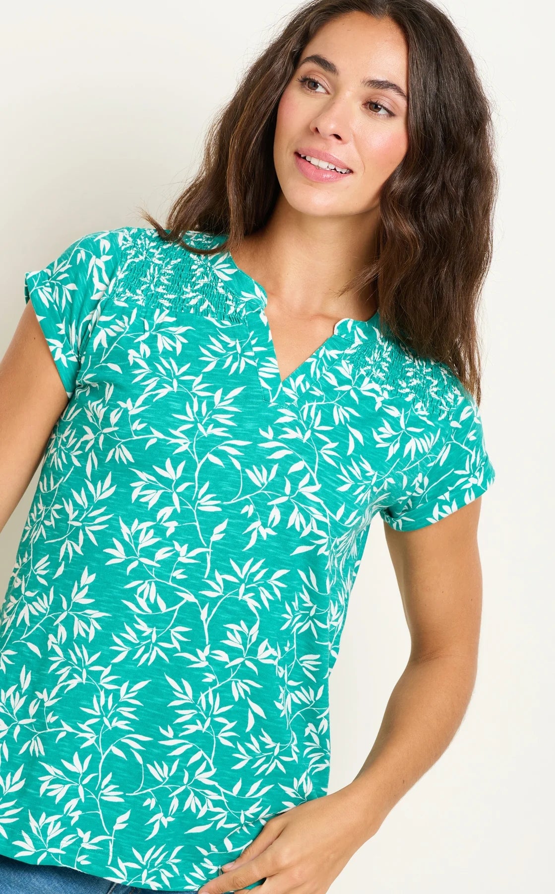 Brakeburn women's short sleeve green t-shirt with notch neckline and a white bamboo leaf print.