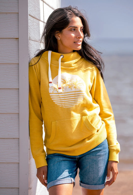 Brakeburn women's palm tree print Elise hoodie in Yellow.