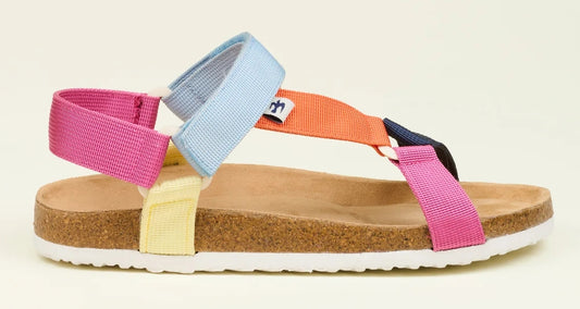 Brakeburn women's multicoloured rainbow webbing strap sandals.
