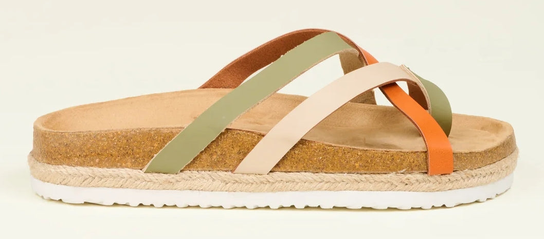 Women's Brakeburn multi strap Savana sandals with cross over straps and toepost in green, orange and beige.
