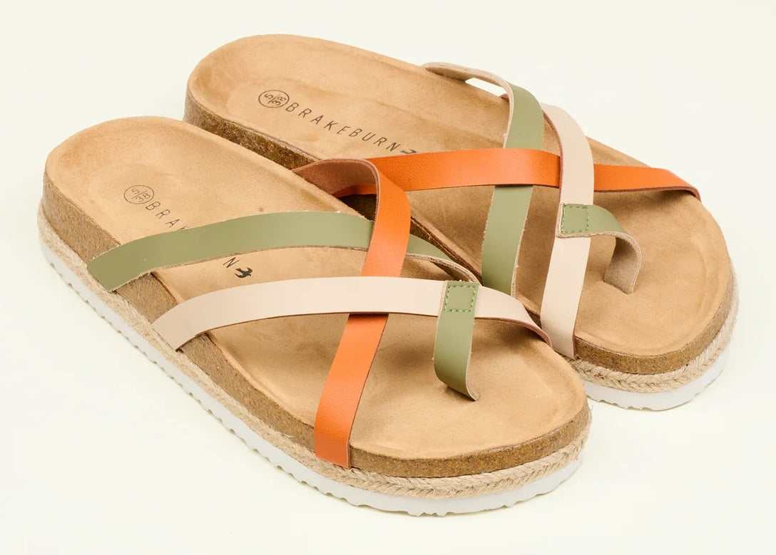 Brakeburn women's Savana sandals with cross over straps and toepost in beige, orange and green.