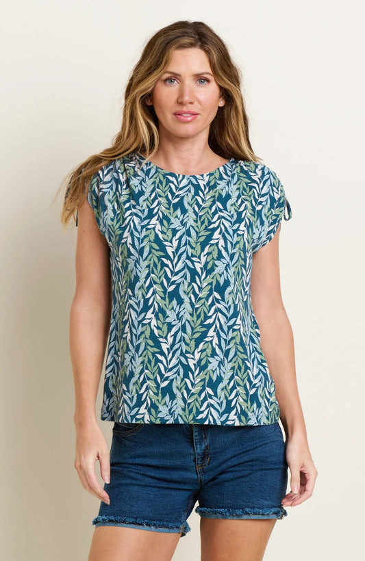 Brakeburn women's short sleeve Willow t-shirt in Teal with a green, blue and white leaf pattern.