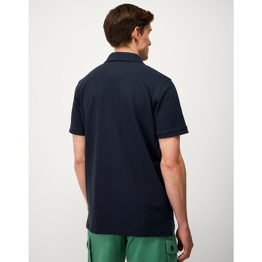 Back view of a mens Crew Clothing short sleeve classic pique polo shirt in Heritage Dark Navy