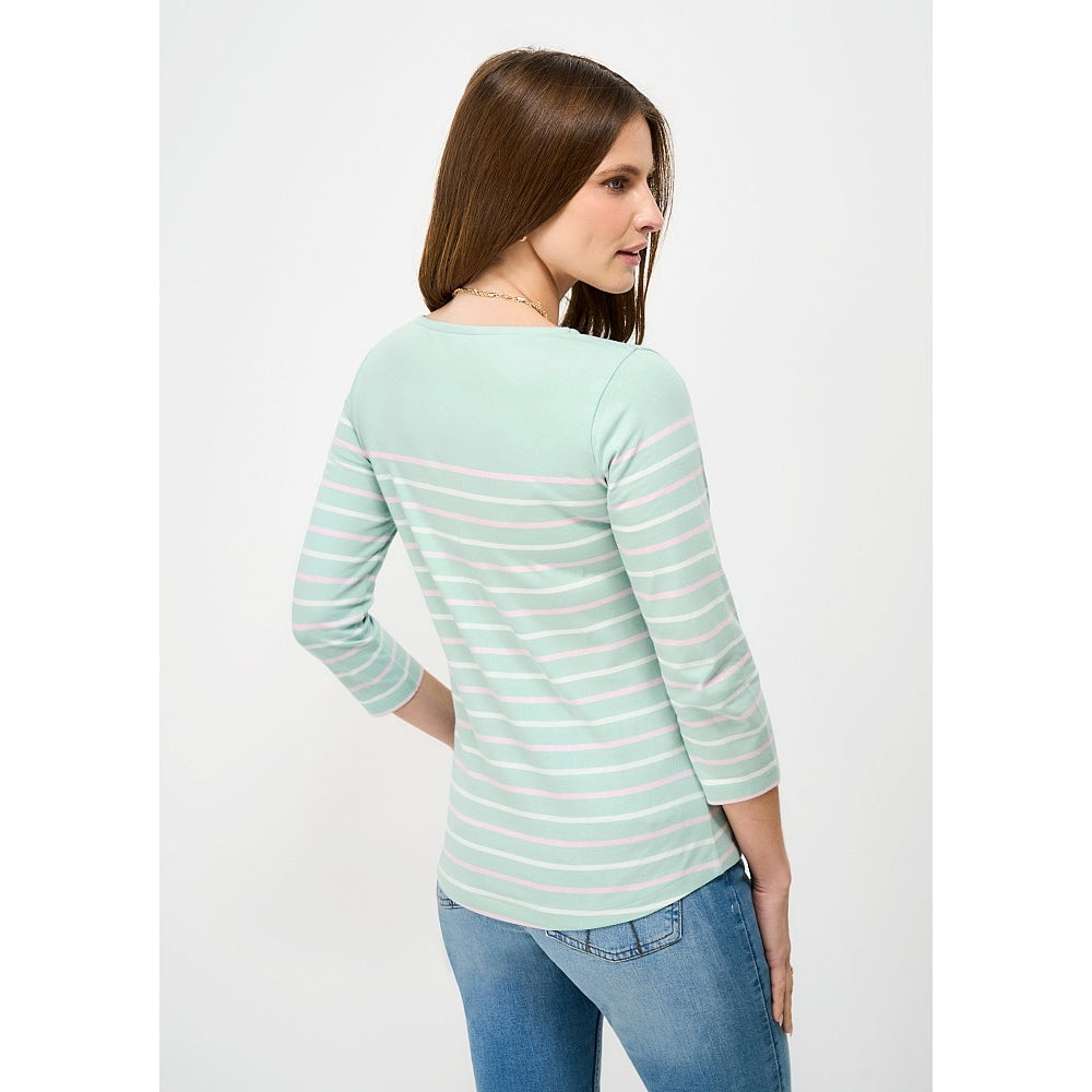 Back view of a woman wearing a Crew Clothing Essential Breton 3/4 sleeve t-shirt in turquoise blue, pale pink and white.