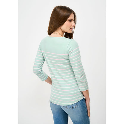 Back view of a woman wearing a Crew Clothing Essential Breton 3/4 sleeve t-shirt in turquoise blue, pale pink and white.