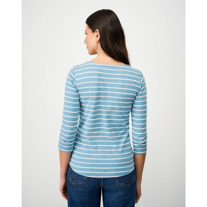 Back view of a woman wearing a Crew Clothing Essential Breton 3/4 sleeve t-shirt in Delph Blue with pale pink and white stripes.
