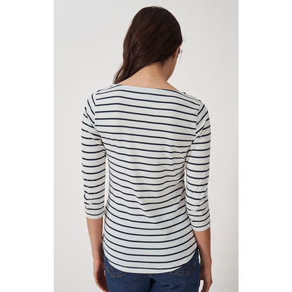 Back view of a woman wearing a Crew Clothing Essential Breton 3/4 sleeve t-shirt in white with navy stripes.