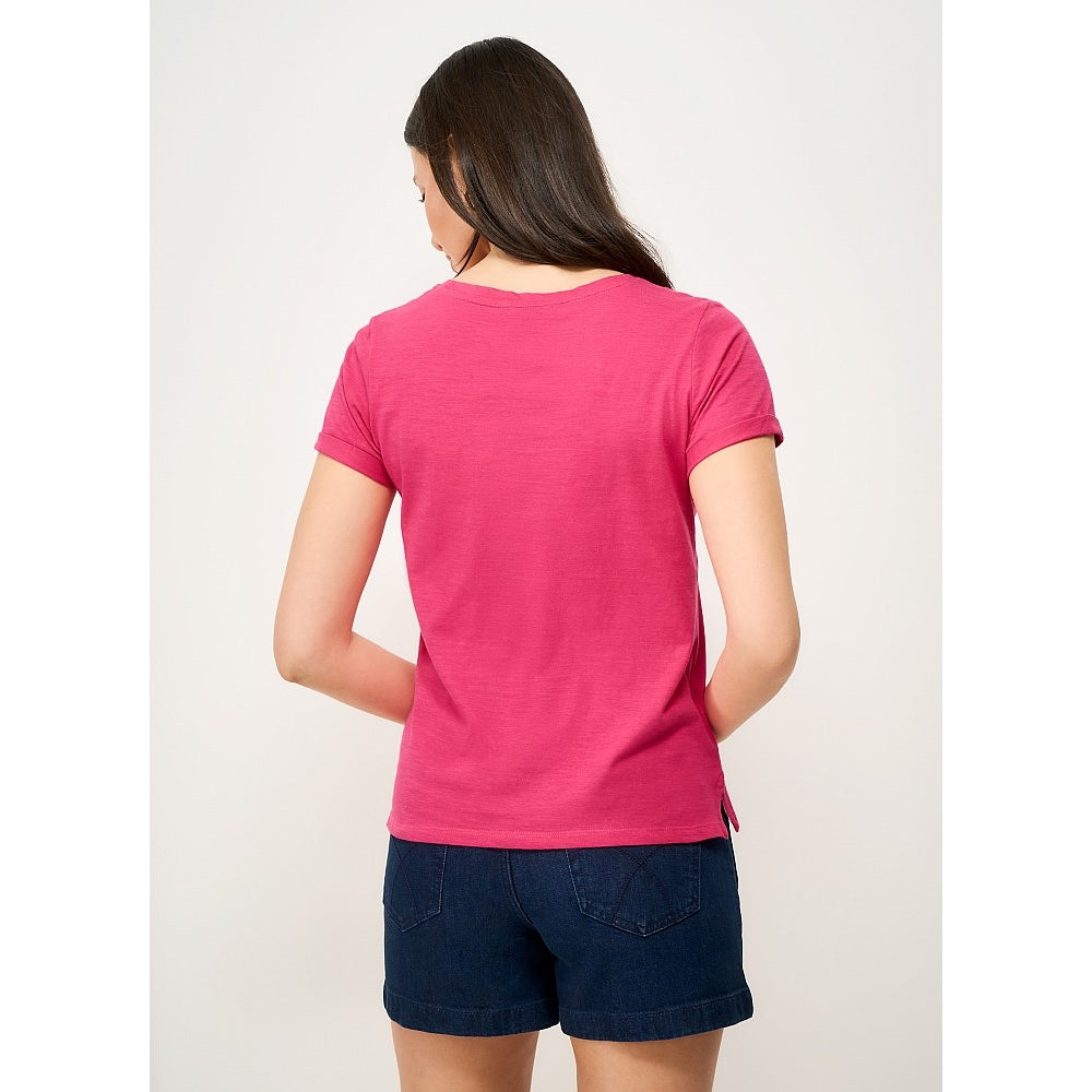 Back view of a woman wearing a Crew Clothing Perfect short sleeve plain t-shirt in raspberry pink with blue denim shorts