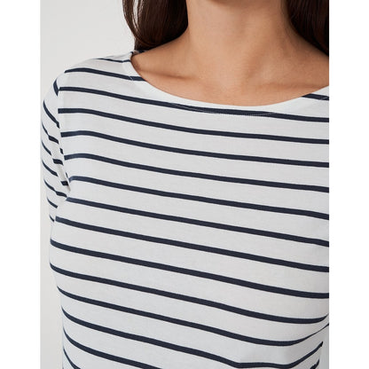 Close-up view of a woman wearing a Crew Clothing Essential Breton 3/4 sleeve t-shirt in white with navy stripes.