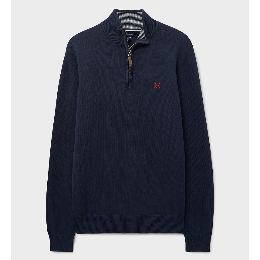 Front view of a mens Crew Clothing 1/4 zip classic knitted jumper in Heritage Navy with small red logo on the chest.