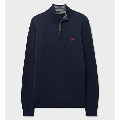 Front view of a mens Crew Clothing 1/4 zip classic knitted jumper in Heritage Navy with small red logo on the chest.