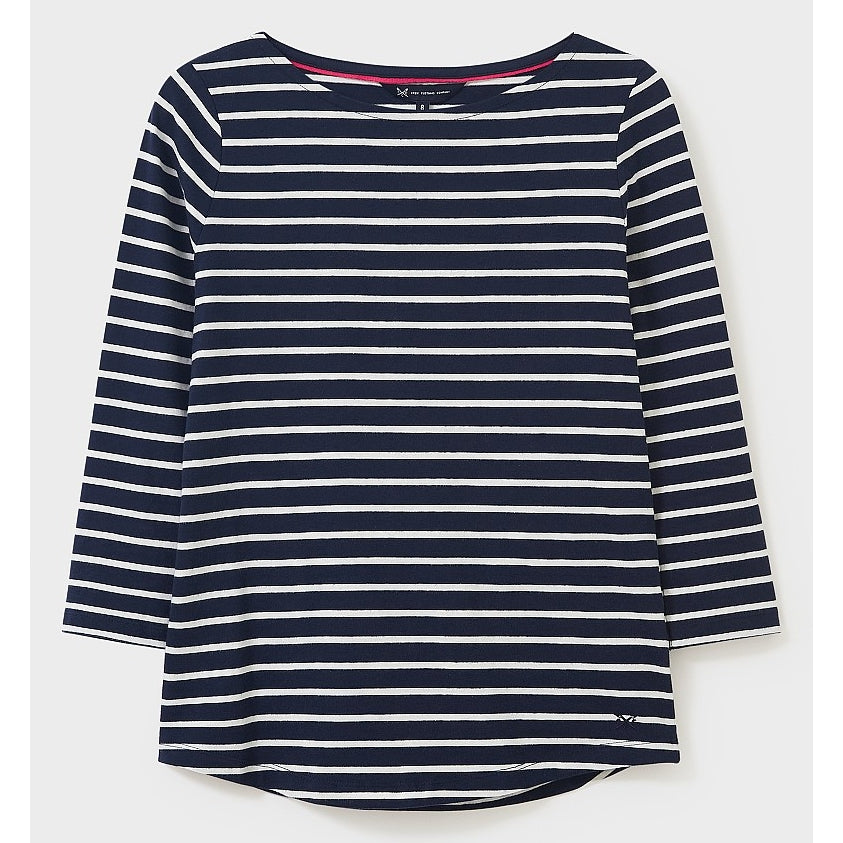 Front view of a womens Crew Clothing Essential Breton 3/4 sleeve t-shirt in navy with white stripes.