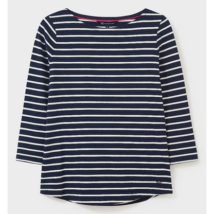 Front view of a womens Crew Clothing Essential Breton 3/4 sleeve t-shirt in navy with white stripes.