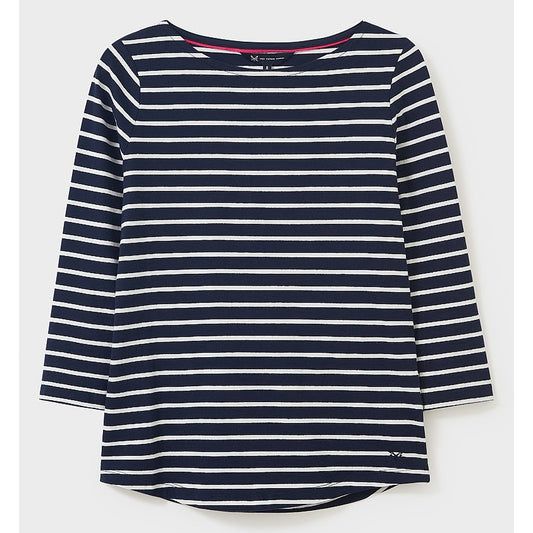Front view of a womens Crew Clothing Essential Breton 3/4 sleeve t-shirt in navy with white stripes.