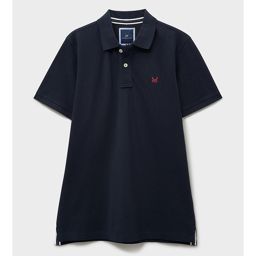 Front view of a mens Crew Clothing short sleeve classic pique polo shirt in Heritage Dark Navy with small crossed oars logo on the chest