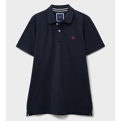 Front view of a mens Crew Clothing short sleeve classic pique polo shirt in Heritage Dark Navy with small crossed oars logo on the chest