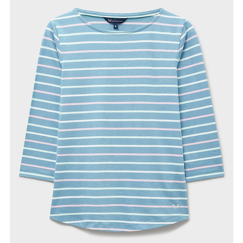 Front view of a womens Crew Clothing Essential Breton 3/4 sleeve t-shirt in Delph Blue with pale pink and white stripes.