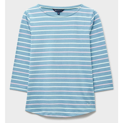 Front view of a womens Crew Clothing Essential Breton 3/4 sleeve t-shirt in Delph Blue with pale pink and white stripes.