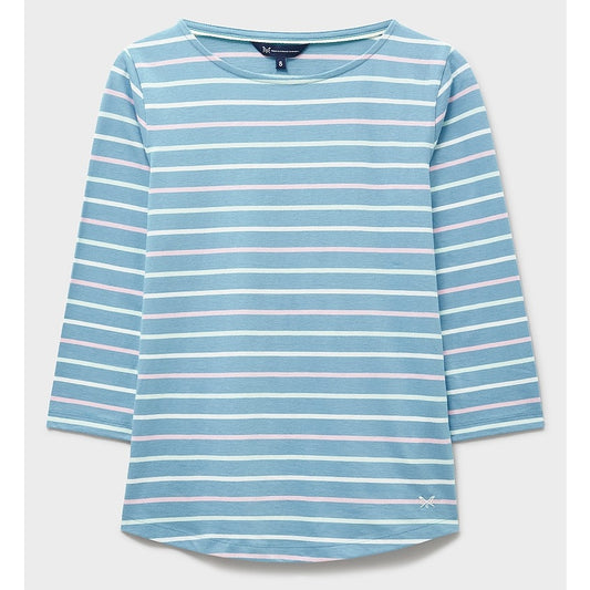 Front view of a womens Crew Clothing Essential Breton 3/4 sleeve t-shirt in Delph Blue with pale pink and white stripes.