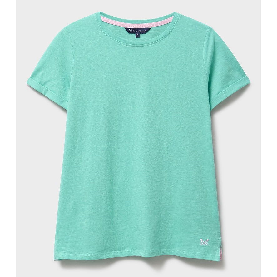 Front view of a womens Crew Clothing Perfect short sleeve plain t-shirt in Pool Blue turquoise