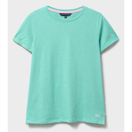 Front view of a womens Crew Clothing Perfect short sleeve plain t-shirt in Pool Blue turquoise