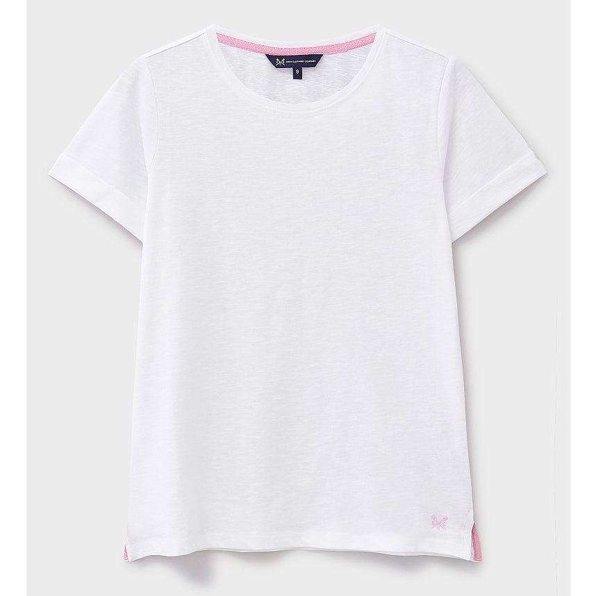 Front view of a womens Crew Clothing Perfect short sleeve plain t-shirt in white