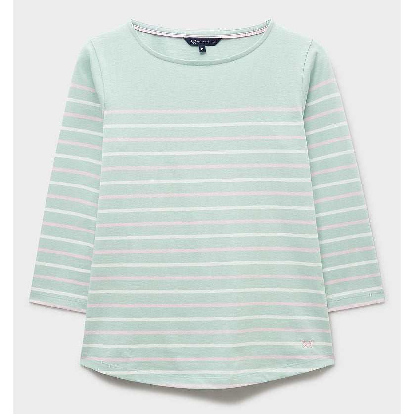 Front view of a womens Crew Clothing Essential Breton 3/4 sleeve t-shirt in turquoise blue, pale pink and white.