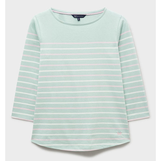 Front view of a womens Crew Clothing Essential Breton 3/4 sleeve t-shirt in turquoise blue, pale pink and white.
