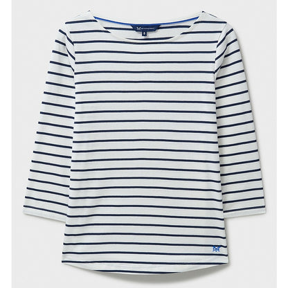 Front view of a womens Crew Clothing Essential Breton 3/4 sleeve t-shirt in white with navy stripes.
