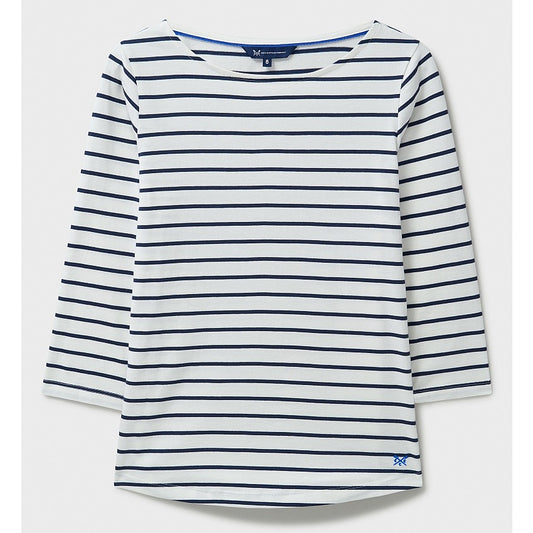 Front view of a womens Crew Clothing Essential Breton 3/4 sleeve t-shirt in white with navy stripes.