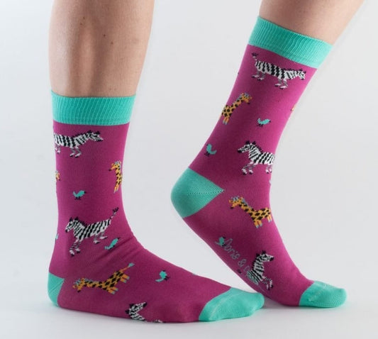 Doris & Dude Womens Bamboo Socks - Pink / Zebra & Giraffe