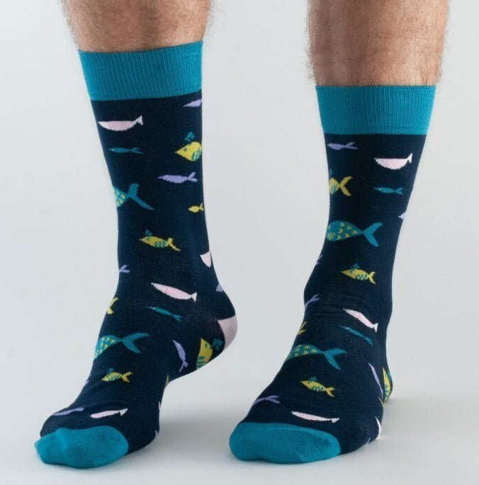 Men's DDS1693 bamboo socks from Doris & Dude in navy with fish print.