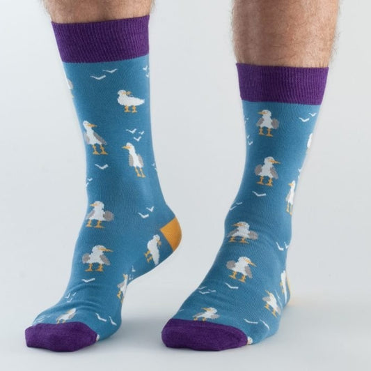 Doris & Dude men's bamboo socks in blue with a seagull pattern.
