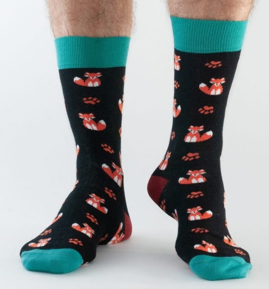 Men's DDS1714 bamboo socks from Doris & Dude in black with a fox pattern.