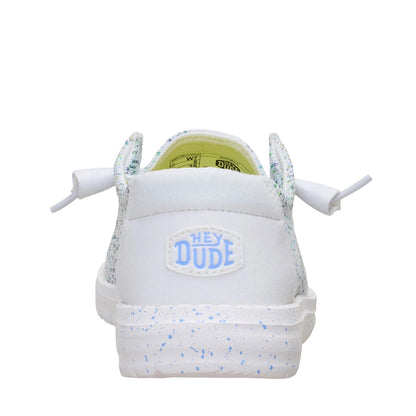 Back view of a women's Dude Wendy Stretch Speckle shoe, featuring a white base with a multicolour speckle pattern of blue, green, and pink, with a solid white sole and heel.