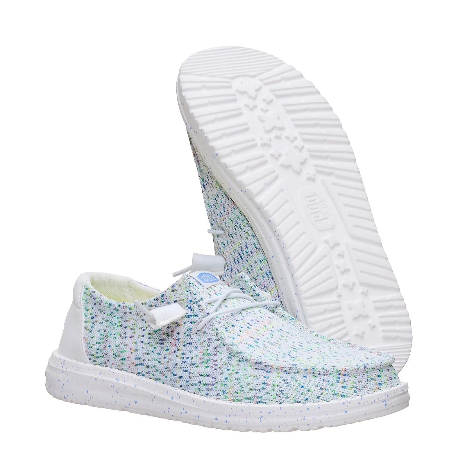 Women's Dude Wendy Stretch Speckle shoe, featuring a white base with a multicolour speckle pattern of blue, green, and pink, with a solid white EVA sole.