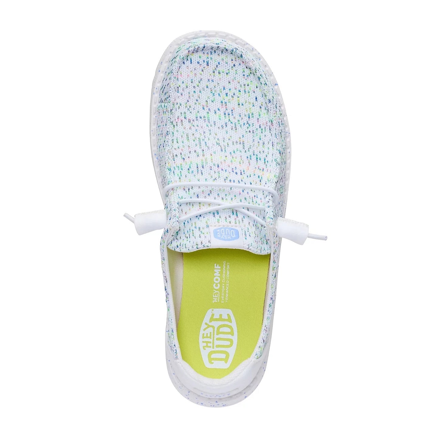 Top view of a women's Dude Wendy Stretch Speckle shoe, featuring a white base with a multicolour speckle pattern of blue, green, and pink, with white laces and a yellow foam insole.