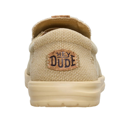 Back heel view of a men's Dude Mikka Braided lightweight slip on canvas shoe in Olive Grey / Boulder Tan with Hey Dude logo label.