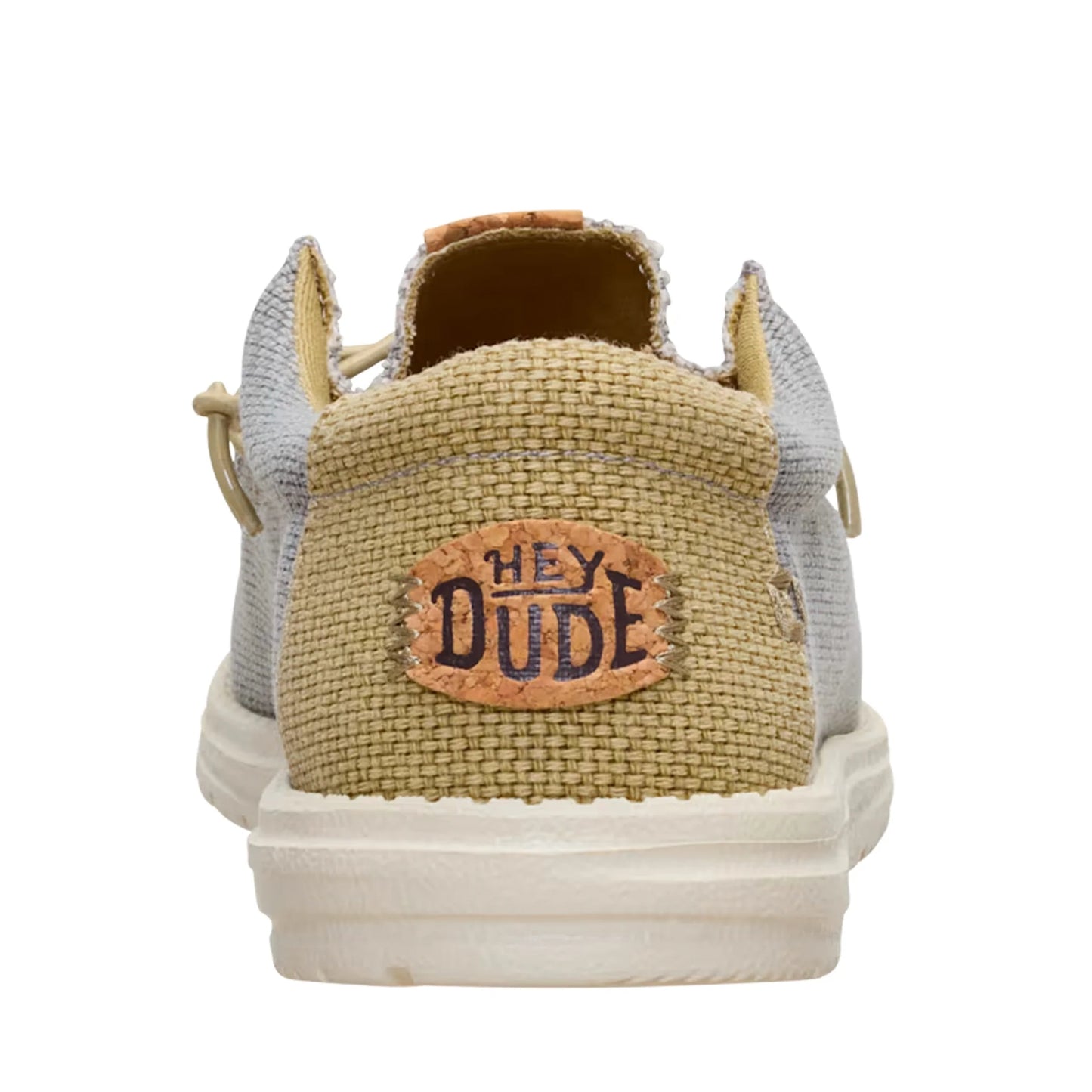 Back heel view of a men's Dude Wally Braided lightweight canvas shoe in Flannel Grey / Olive Grey, with a Hey Dude logo patch on the heel.