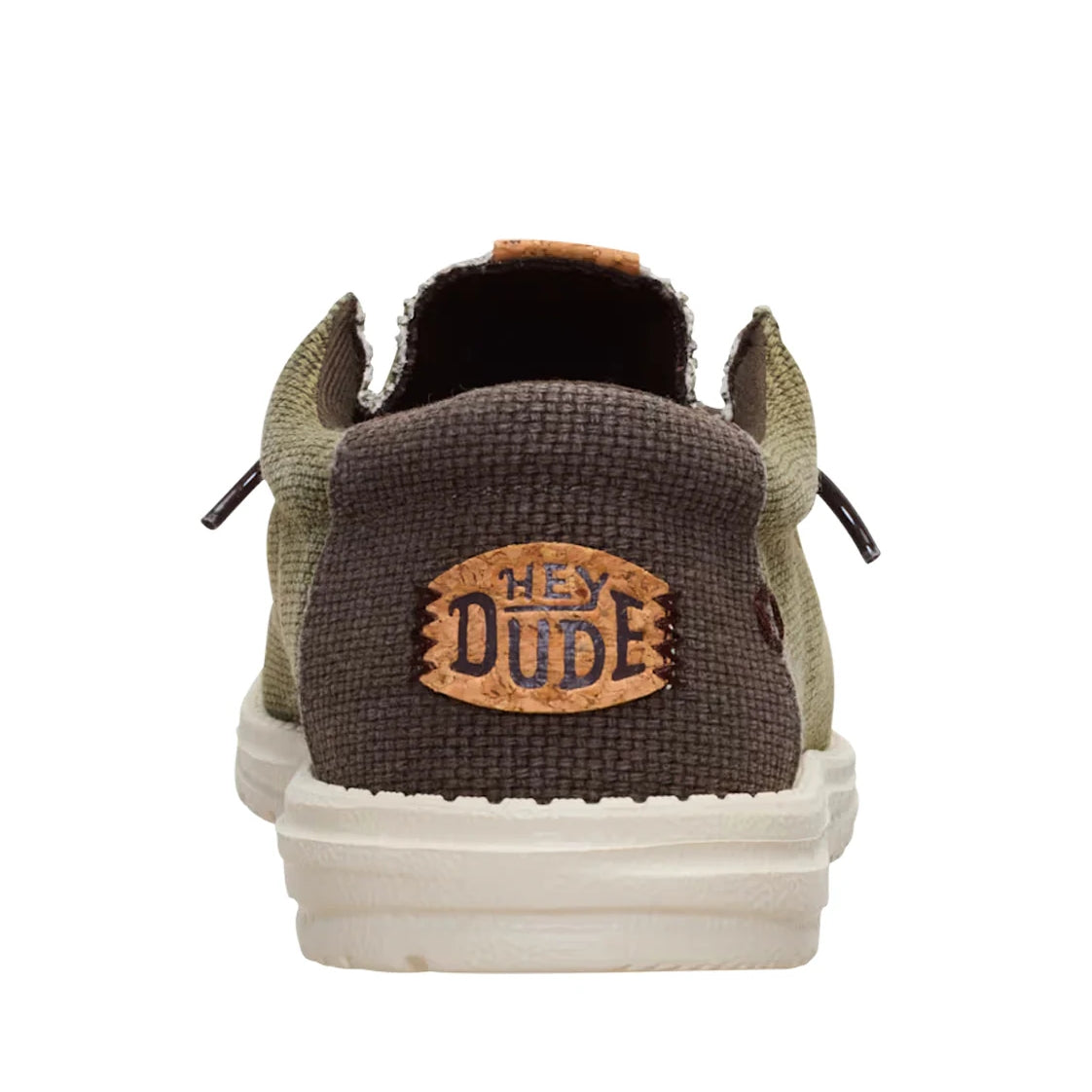 Back heel view of a men's Dude Wally Braided lightweight canvas shoe in Burnt Olive / Delicioso Brown, with a Hey Dude logo patch on the heel.