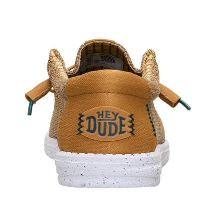 Back heel view of a men's Dude Wally Stretch Sox lightweight mesh shoe in Bone Brown / Multi, with elastic laces, a white speckled sole and plain tan brown back panel with Hey Dude logo.