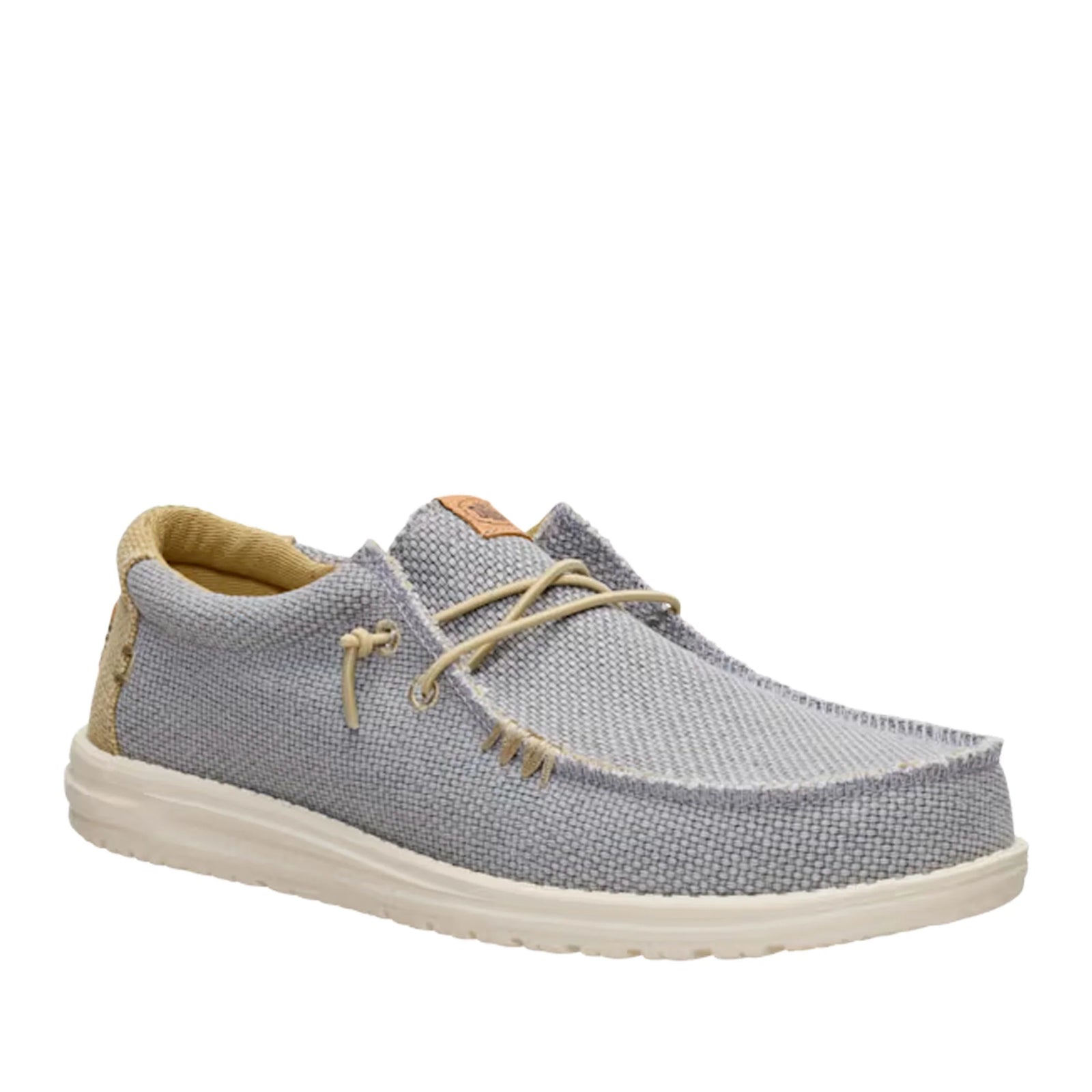Main front view of a men's Dude Wally Braided lightweight canvas shoe in Flannel Grey / Olive Grey in a slip on style with laces.