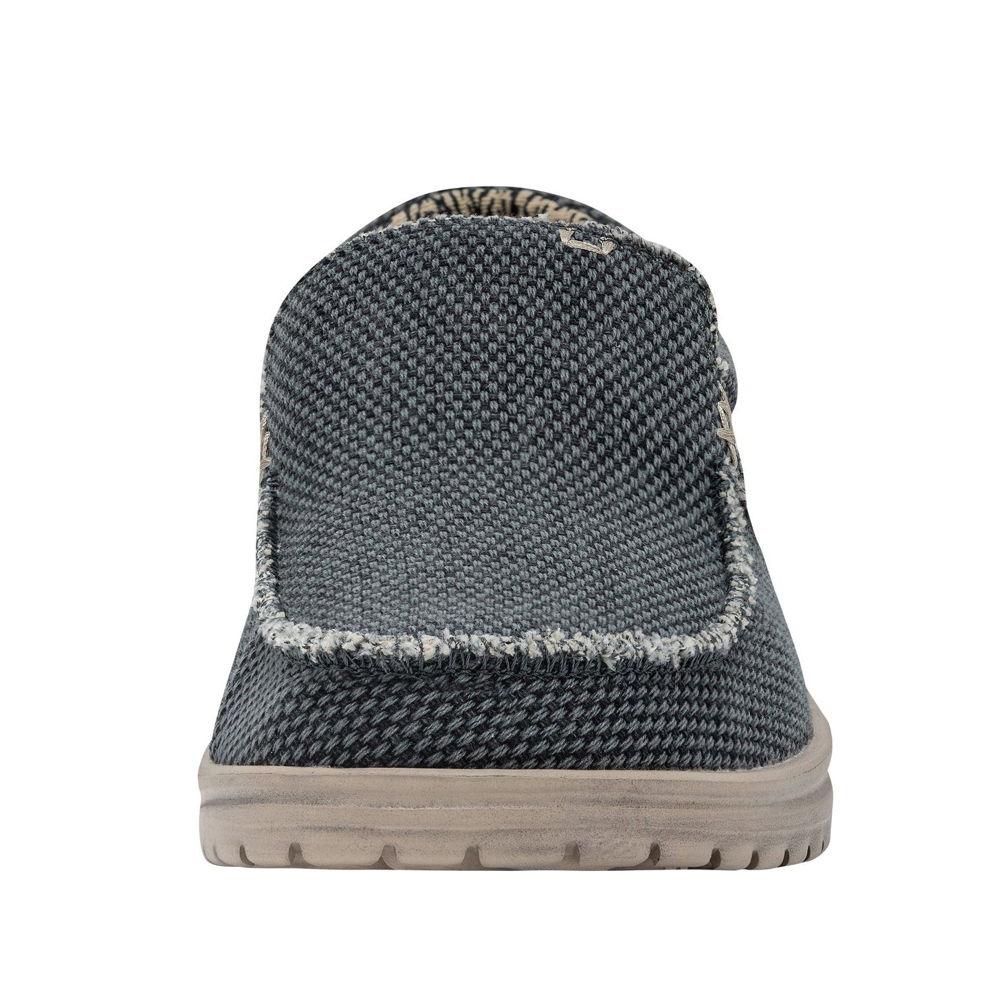 Front toe view of a men's Dude Mikka Braided lightweight slip on canvas shoe in Deep Blue with rugged top seam.