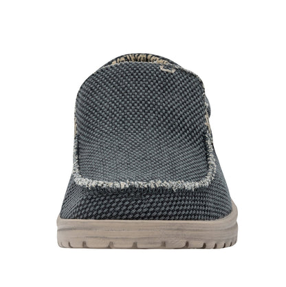 Front toe view of a men's Dude Mikka Braided lightweight slip on canvas shoe in Deep Blue with rugged top seam.
