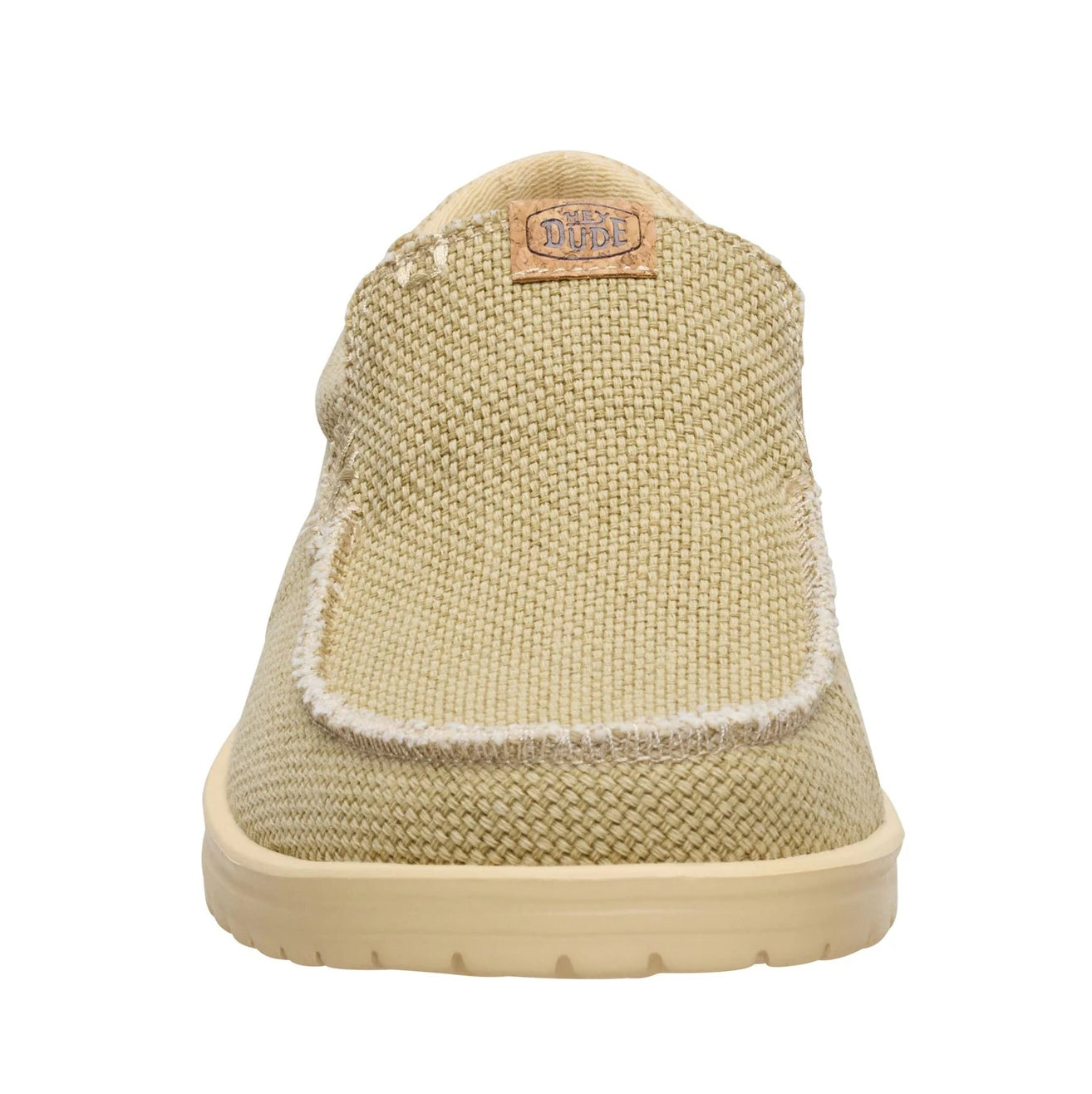 Front toe view of a men's Dude Mikka Braided lightweight slip on canvas shoe in Olive Grey / Boulder Tan with rugged top seam and top Hey Dude logo label.