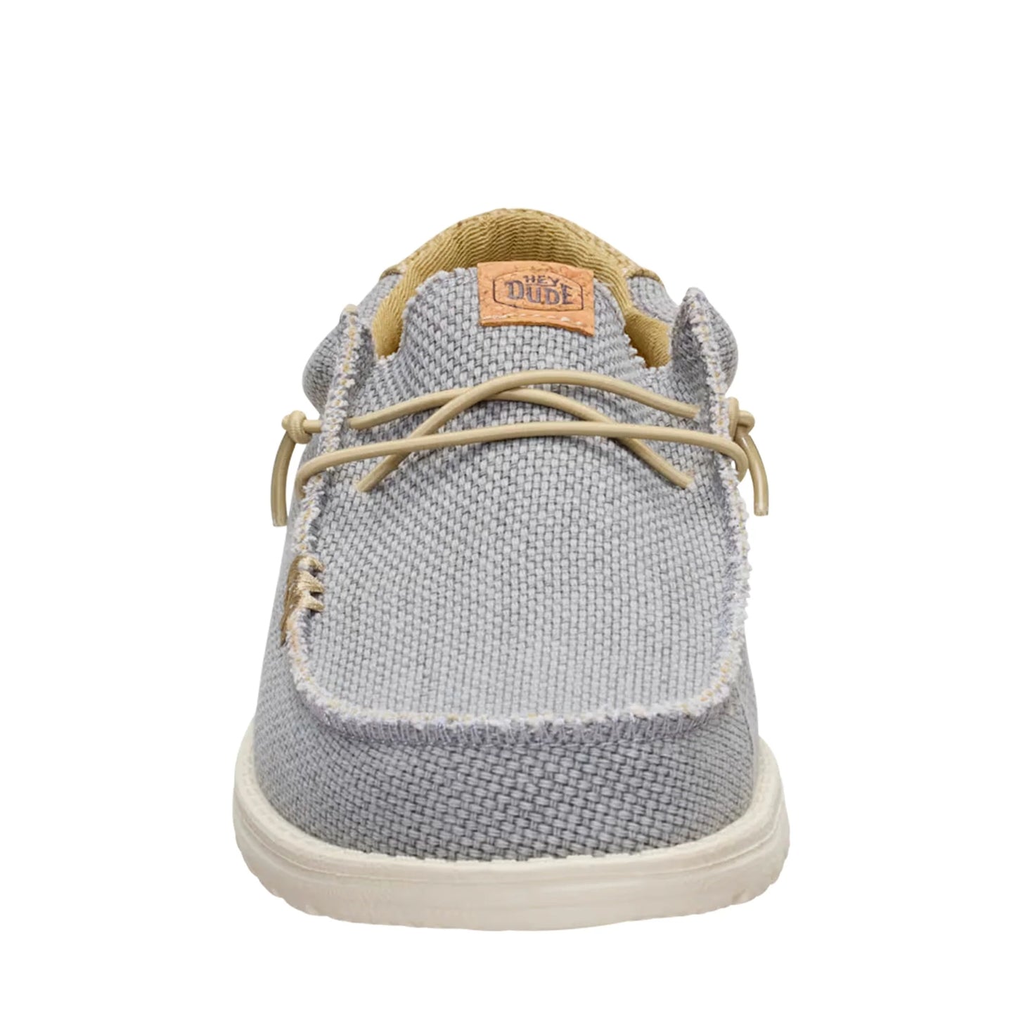 Front toe view of a men's Dude Wally Braided lightweight canvas shoe in Flannel Grey / Olive Grey in a slip on style with laces.