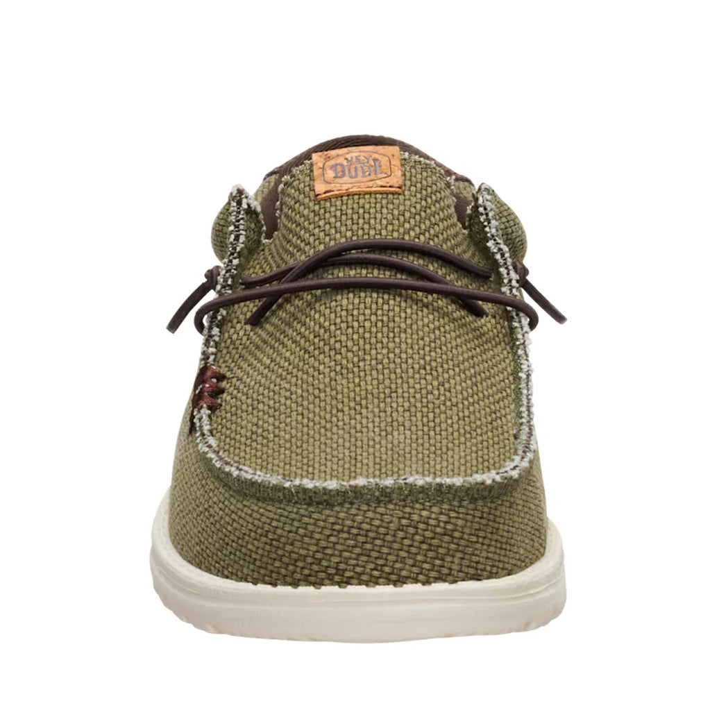 Front toe view of a men's Dude Wally Braided lightweight canvas shoe in Burnt Olive / Delicioso Brown in a slip on style with laces.