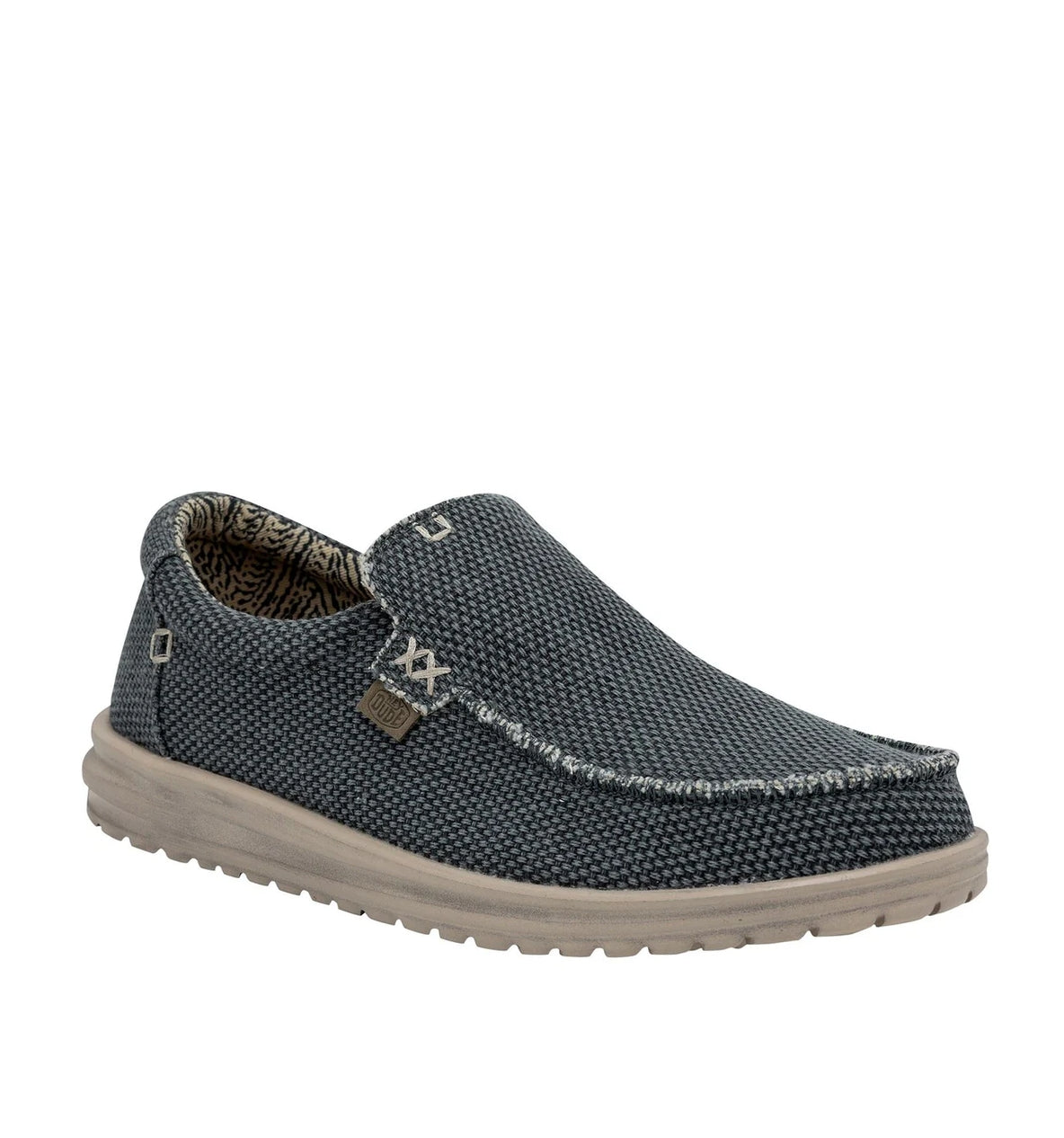 Main front view of a men's Dude Mikka Braided lightweight slip on canvas shoe in Deep Blue.