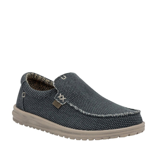 Main front view of a men's Dude Mikka Braided lightweight slip on canvas shoe in Deep Blue.