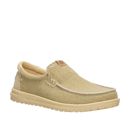 Main front view of a men's Dude Mikka Braided lightweight slip on canvas shoe in Olive Grey / Boulder Tan.
